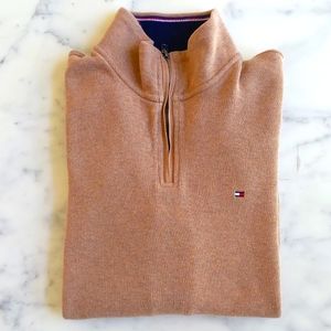 NWOT. Tommy Hilfiger 100% Cotton Long Sleeve Highneck 1/4 Zip Tan Sweater w/Logo